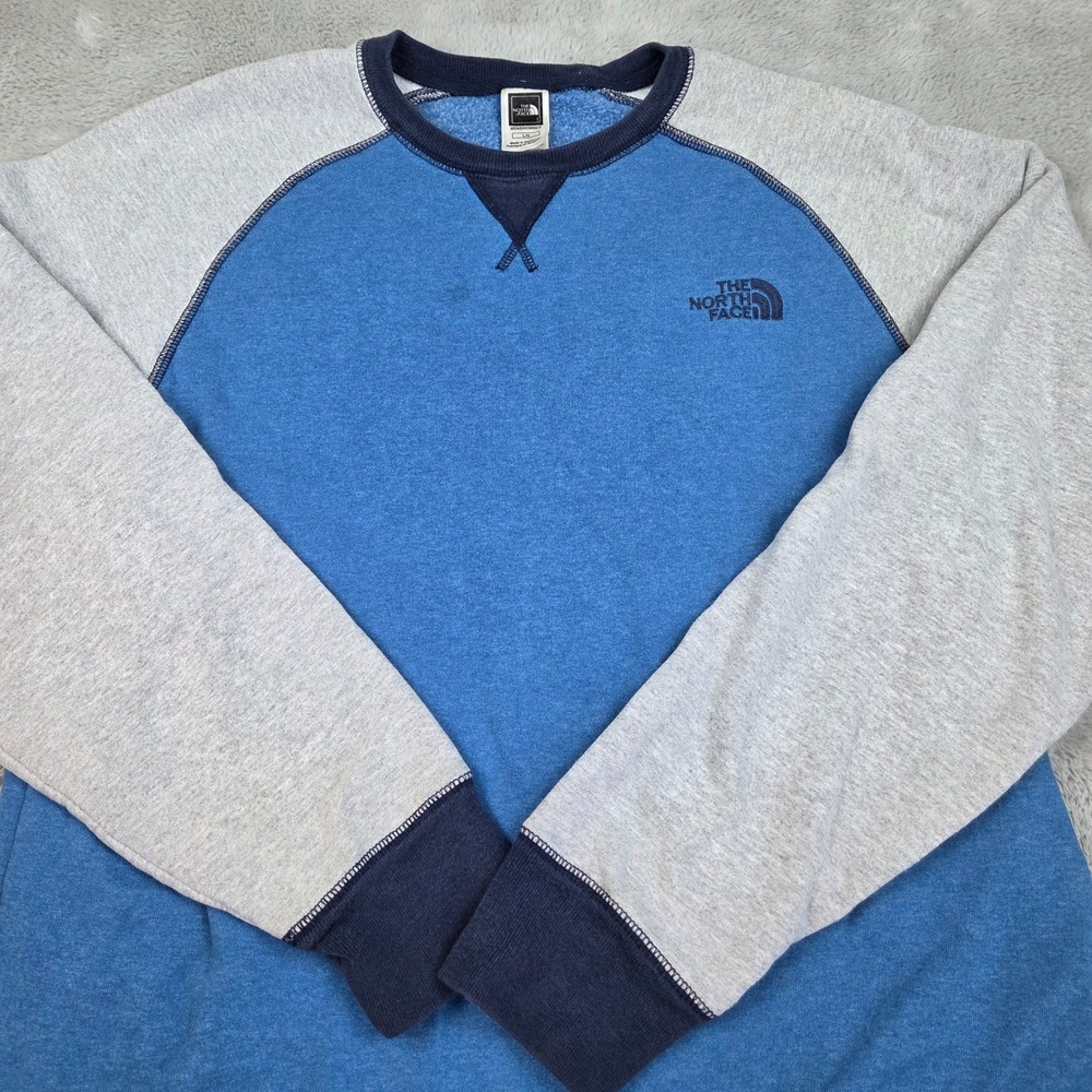 The North Face Sweatshirt Mens LG Raglan Colorblock Embroidered Logo Blue Grey
